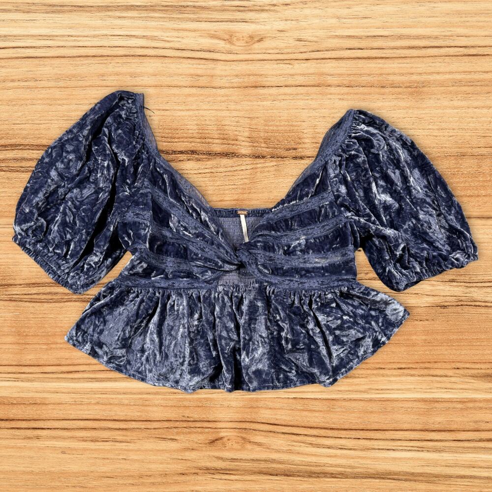 Free People Yours Truly Crushed Velvet Peplum Puff Sleeve Top Blue Size Medium - Picture 2 of 9